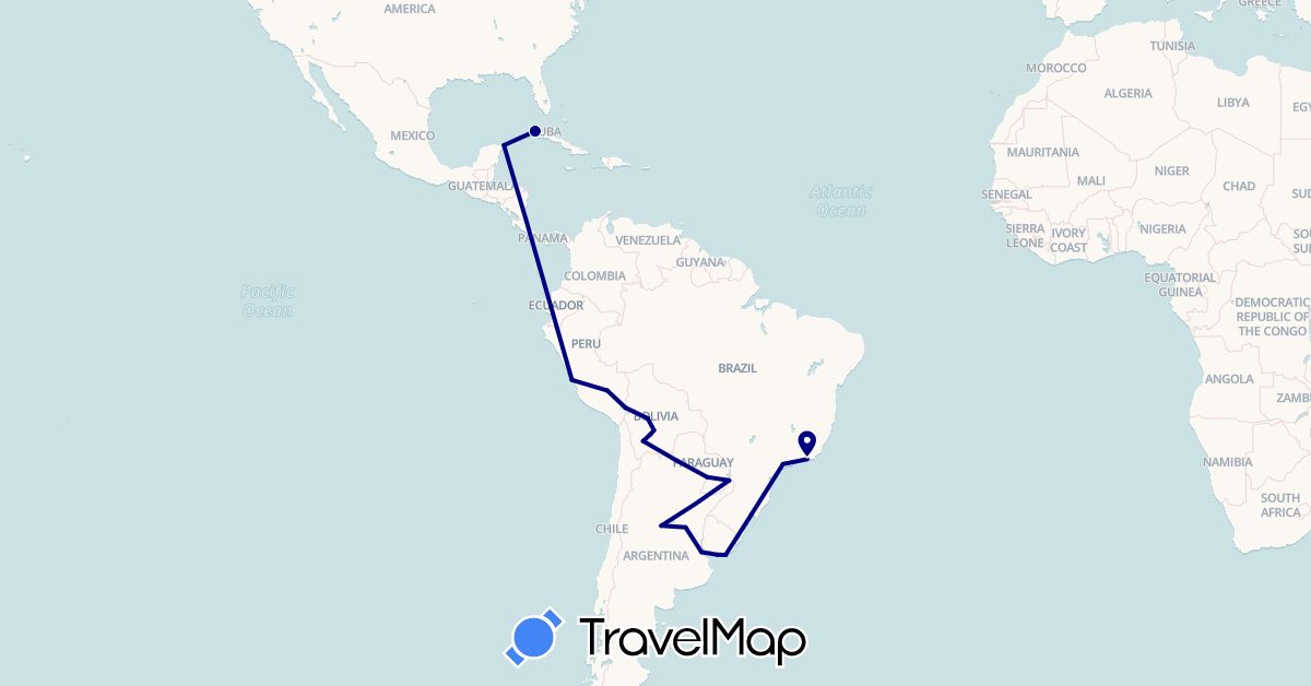TravelMap itinerary: driving in Argentina, Bolivia, Brazil, Cuba, Mexico, Peru, Paraguay, Uruguay (North America, South America)